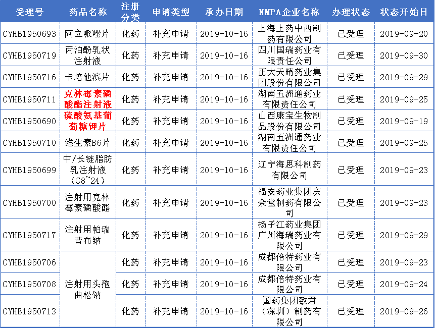 本周一致性评价申报受理详情